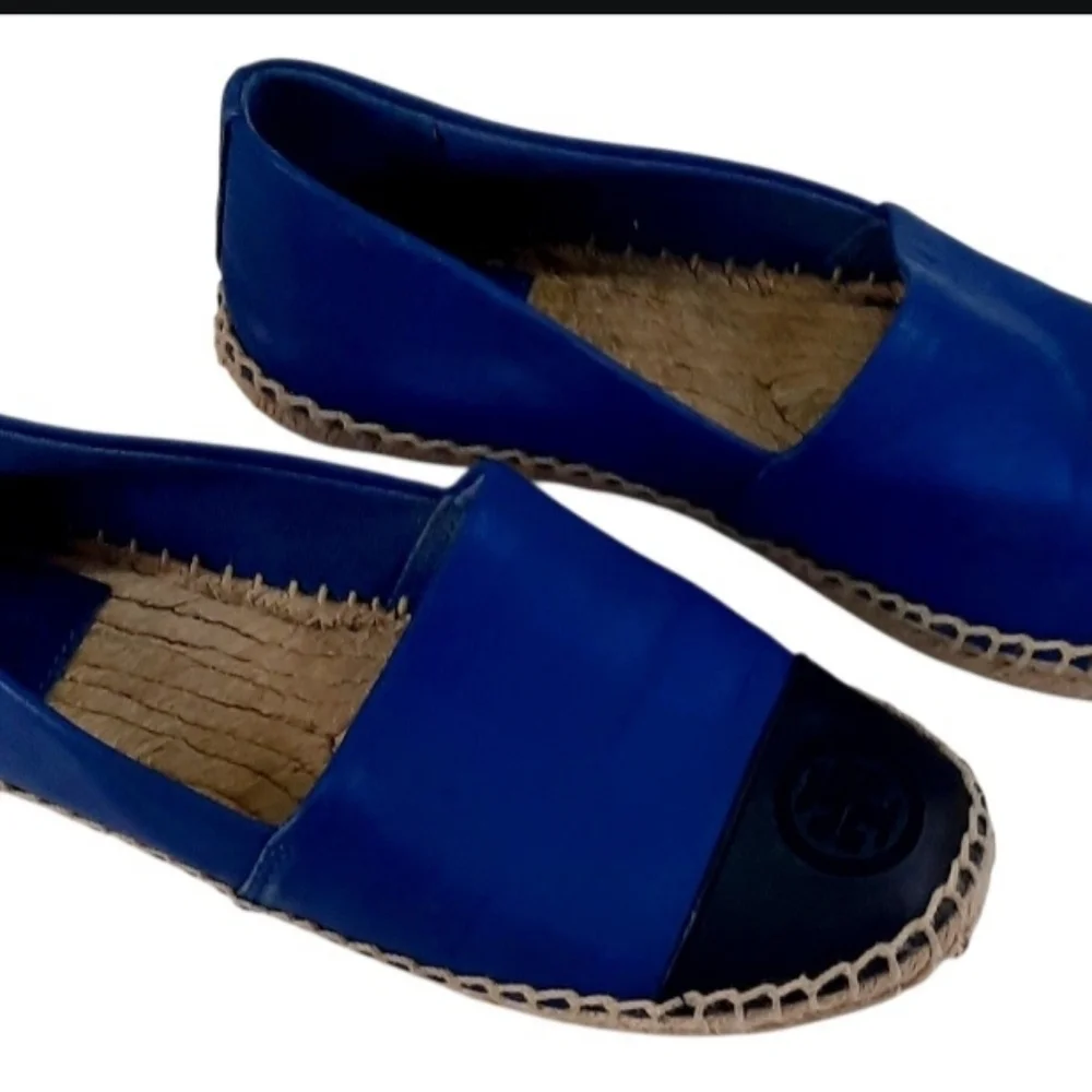 Tory Burch Color-Block Flat Espadrilles in Jelly Blue and Tory Navy.
